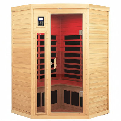 Far Infrared Wooden Sauna Room, 2-3 Person Home Sauna Canadian Hemlock Indoor Corner Sauna Spa, 2 Bluetooth Speakers, 2 LED Reading Lamp, 3 Chromotherapy Lights