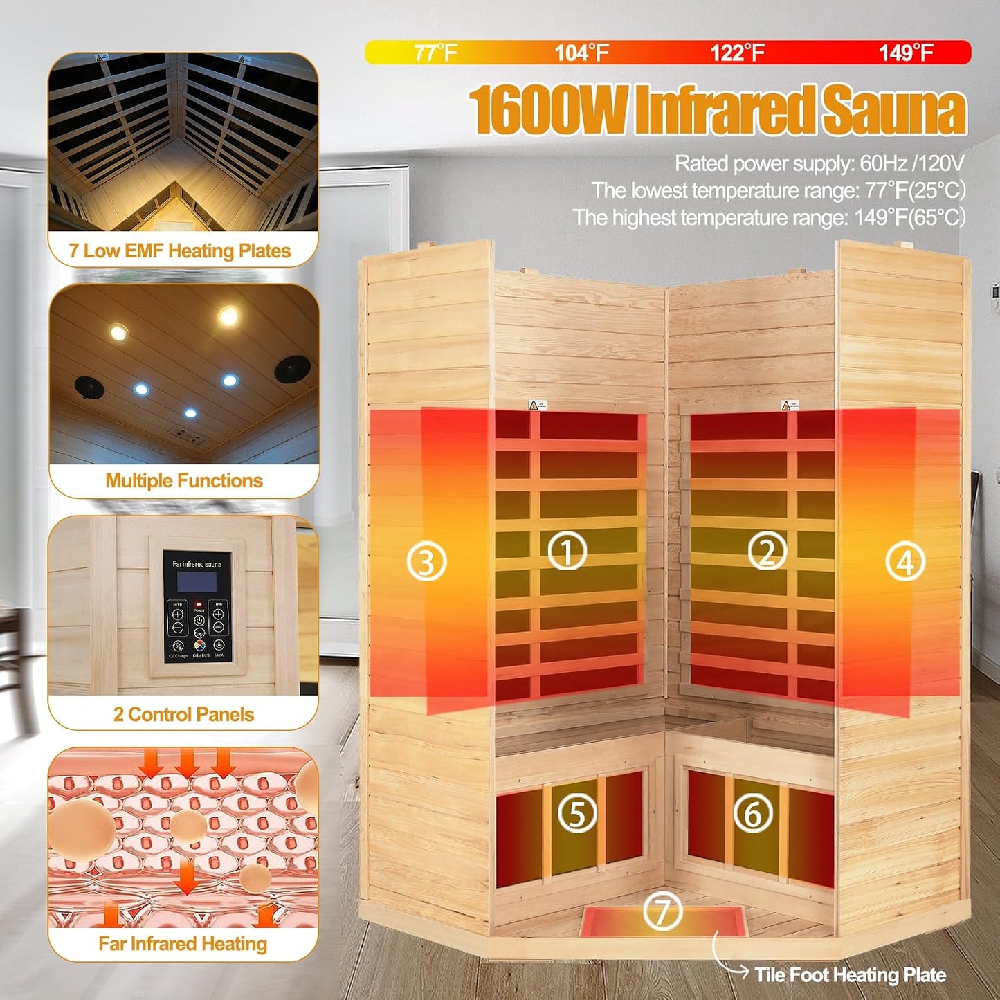 Far Infrared Wooden Sauna Room, 2-3 Person Home Sauna Canadian Hemlock Indoor Corner Sauna Spa, 2 Bluetooth Speakers, 2 LED Reading Lamp, 3 Chromotherapy Lights