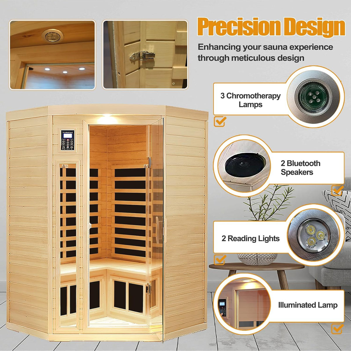 Far Infrared Wooden Sauna Room, 2-3 Person Home Sauna Canadian Hemlock Indoor Corner Sauna Spa, 2 Bluetooth Speakers, 2 LED Reading Lamp, 3 Chromotherapy Lights
