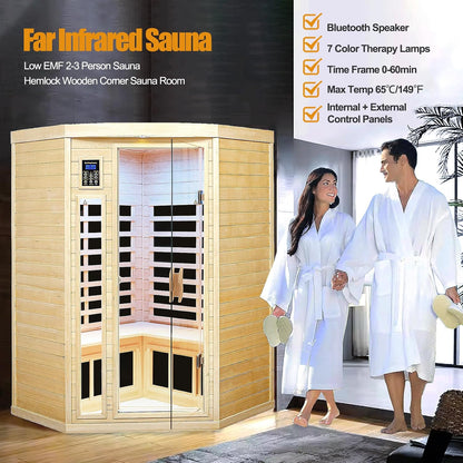 Far Infrared Wooden Sauna Room, 2-3 Person Home Sauna Canadian Hemlock Indoor Corner Sauna Spa, 2 Bluetooth Speakers, 2 LED Reading Lamp, 3 Chromotherapy Lights