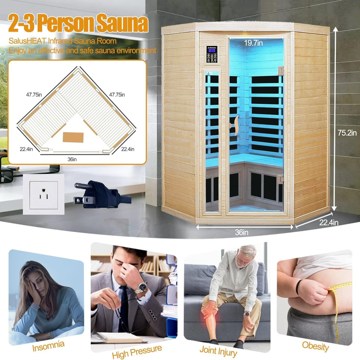 Far Infrared Wooden Sauna Room, 2-3 Person Home Sauna Canadian Hemlock Indoor Corner Sauna Spa, 2 Bluetooth Speakers, 2 LED Reading Lamp, 3 Chromotherapy Lights