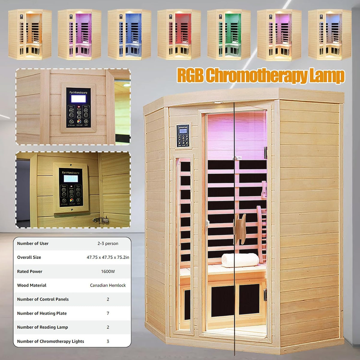 Far Infrared Wooden Sauna Room, 2-3 Person Home Sauna Canadian Hemlock Indoor Corner Sauna Spa, 2 Bluetooth Speakers, 2 LED Reading Lamp, 3 Chromotherapy Lights