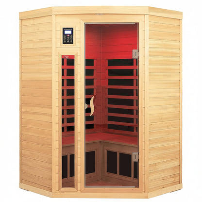 Far Infrared Wooden Sauna Room, 2-3 Person Home Sauna Canadian Hemlock Indoor Corner Sauna Spa, 2 Bluetooth Speakers, 2 LED Reading Lamp, 3 Chromotherapy Lights