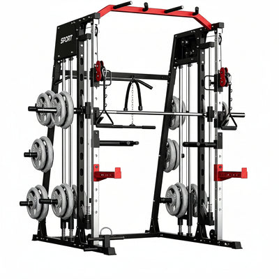 Smith Machine Home Gym All-In-1, 2200LBS Power Cage with Dual Cable Pulley Systems, LAT Pull-Down & Leg Hold-Down | Complete Strength Training Equipment for Full Body Workouts